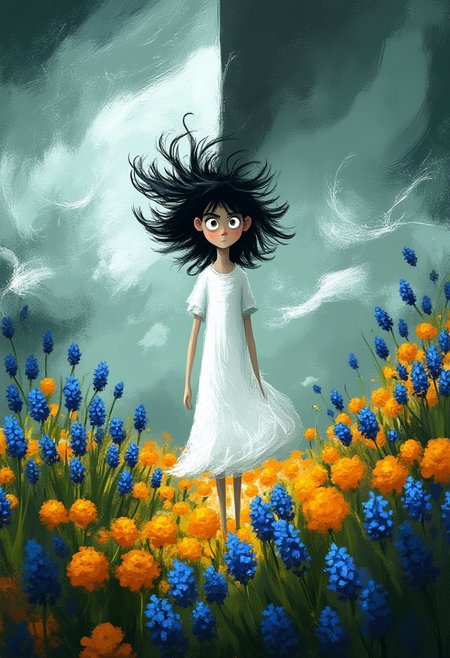 A whimsical illustration of a thin, stretched girl with windswept black hair in dark whimsical art style, half of her flowing white dress perfectly still while the other half billows wildly in a storm, standing between tranquil blue cornflowers and turbulent orange marigolds, digital painting with expressive brushstrokes showing textured contrast, divided background with misty morning on one side and thunderous twilight on the other, characteristic Tim Burton inspired design with enormous split-colored eyes - one serene silver, one fierce amber.