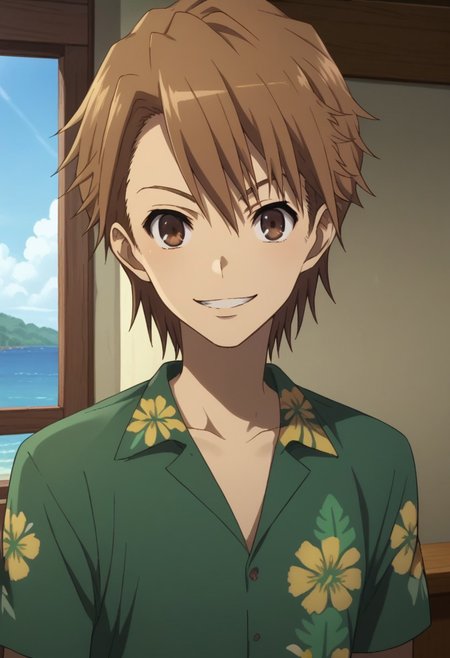 score_9, score_8_up, score_7_up, source_anime, highly detailed, 
naoya, 1boy, brown hair, short hair, male focus, brown eyes, smile, hawaiian shirt, indoor