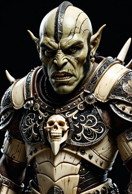 1male, orc, warrior, rage, hatred, angry, shouting,
depth of field, face focus, dramatic lighting, detailed shadows,
battlefield background, medieval,
armor made out of, ebony, ivory, scrimshaw, bone carving, armored,
 <lora:Ebony_and_Ivory_Scrimshaw_style_-_SDXL:1>,, masterpiece, best_quality, amazing_quality, very_aesthetic, 8k, high_quality, highres, absurdres, subject_focus,, detailed eyes, perfect eyes, realistic eyes,, mechanical limbs, cyborg, cybernetic, futuristic, mechanical joints,