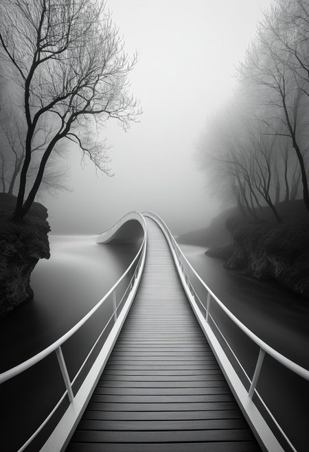 A curved footbridge flows through a textured, long exposure photography, black and white minimalism, surreal architecture, visionary symbolism, fantastic realism, mystical atmosphere, dreamlike landscapes, spiritual iconography, high contrast monochrome, ethereal fog, mythic figures, baroque surrealism, esoteric fantasy, meditative visual space, fine art stillness, metaphysical surrealism