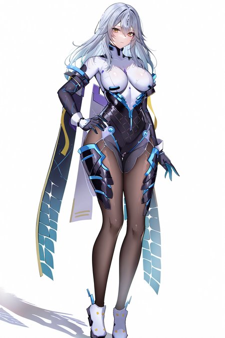 8k, best quality, masterpiece, (ultra-detailed), (high detailed skin), 
year 2023, ghost cat onineko, 
full body, full shot, standing, looking at viewer, (solo:1.2), simple background, (white background:1.2), hand on own hip, white background, 
<lora:wuxianlf-noob-Tanger-000012:0.8>, 
bodysuit, lifu, wuxian, first clothes, 1girl, breasts, long hair, yellow eyes, gloves,
A full-body portrait of a young girl, standing gracefully, pastel art style, high-key lighting, shoujo manga influence, hd quality, delicate details,