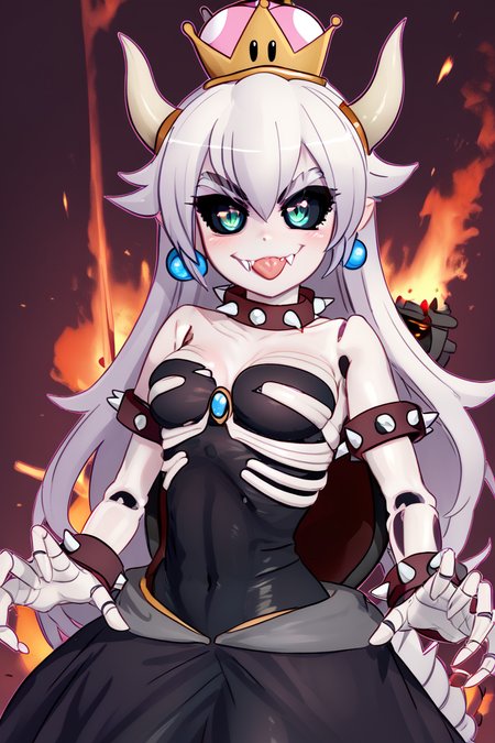 score_9, score_8_up, score_8, medium breasts, (curvy), cute, eyelashes,       BREAK, ,   zzDryBowsette, black sclera, colored sclera, skeleton, horns, spikes, dress, hair between eyes, jewelry, very long hair, green eyes, white hair, earrings, tongue, white gloves, tongue out, colored skin, crown, pale skin, colored sclera, white skin, black sclera, ribs, skeleton, super crown, nsformation, spiked armlet, spiked shell, breathing fire,  <lora:DryBowsette_PDXL:1.0>, , BREAK, smile, closed mouth, looking at viewer, cowboy shot,  ,,, embedding:zPDXL, Expressiveh, ,,, <lora:MantisStyle_PDXL_v2:0.8>, <lora:SDXLFaeTastic2400:0.5>, <lora:Expressive_H-000001:0.4>,