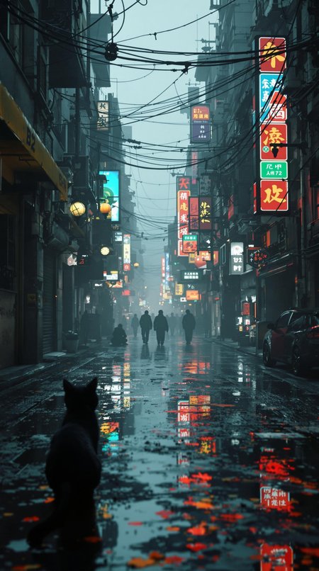 stray black cat running away in the streets of liam wong kowloon walled cyberpunk city and sets out to return to the surface with the help of ai B-12 drone companion, nier replicant style, blader runner 2049, cgi noir, unreal engine 5, 8k ultra hd.
