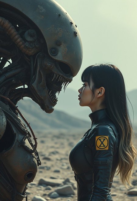 Silhouette Art, magnificent, photorealistic image in the style of a movie poster, crisp lines, intricately detailed digital image, absurdres, HD32K 8K, portrait of an oriental woman (make-up, bangs, skintight spacesuit with insignia, dark hair with blonde streaks, bangs, no helmet), examining a heavily damaged, ruined, rusted giant alien mecha, robot, rocky planet, hyper-detailed, intricately detailed, face in sharp focus, intricately detailed face