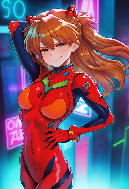 best quality, amazing quality, very aesthetic, absurdres,
1girl, asuka langley, red plugsuit, standing, smug, looking at viewer, futuristic background, neon light , buildings, night     <lora:Magion02NoobLocon_byKonan:1>