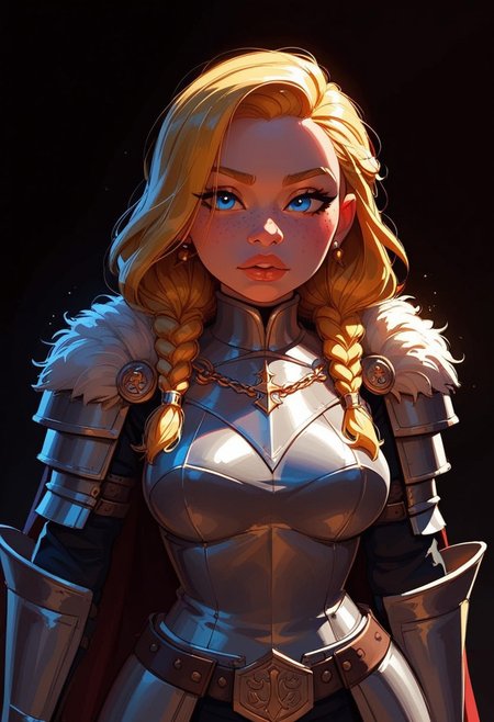 expressiveh, g0thic, (score_9, score_8_up, score_7_up, score_6_up), BREAK, concept art style, sketch art style, dark theme, dark background, BREAK, 1girl, dwarf, freckles, big lips, big braids, muscles, medium breasts,  shortstack, light blonde hair, blue eyes, knight armor, mantel, cape, shoulder cape, ornate filigree, art deco chapel