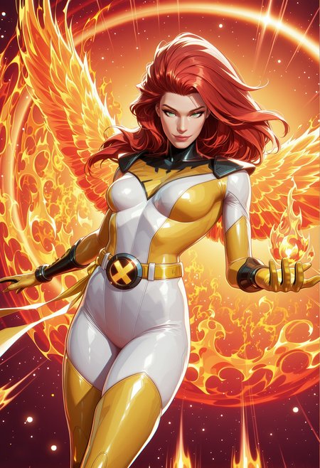 (EyesHD:1.2), masterpiece, best quality, amazing quality, highres, absurdres, very aesthetic, very awa, western, MarvelRivals, semi realistic, cartoon, shiny skin, skindentation,, 1girl, solo, end_jngr3y, green eyes, long hair, red hair, gradient hair, floating hair, small breasts,
BREAK,
bodysuit, thigh boots, boots, white bodysuit, multicolored bodysuit, yellow gloves, yellow thighhighs, yellow bodysuit, yellow belt, yellow waist ribbon, yellow sash, phoenix symbol, phoenix flames,, looking at viewer, seductive smile, dynamic pose, flying, floating, 
BREAK,
cowboy shot, dutch angle, multicolored background,, raytracing, hyper detailed, volumetric lighting, lazypos, intricate details, (depth of field:1.05), (dark shadows:0.9), (high contrast:0.9), <lora:Jean_Grey_X-men_Character_LoRA_Illustrious:0.8000000000000002> <lora:AMarvelRivals_style-06:0.7000000000000002> <lora:Eyes_High_Definition-000007:1.0000000000000002> <lora:spo_sdxl_10ep_4k-data_lora_webui:0.30000000000000004>