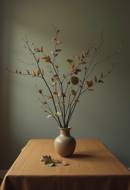 The image depicts a table set against a vast, shadowy landscape, its Earth-toned surface contrasting with the soft, ethereal lighting. In the center, a curious arrangement of wind-blown leaves and twigs forms an abstract composition that seems to defy gravity. The playful, funny nature of the scene is enhanced by the artful arrangement, as if the objects are posing for a still life by Paul Cézanne. The soft focus and abstract photography techniques further blur the lines between reality and fantasy, creating a dreamlike atmosphere.