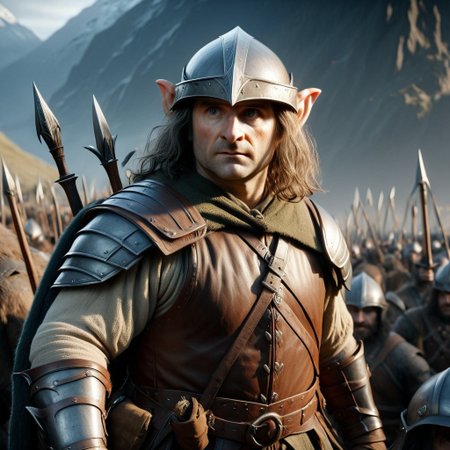 cinematic, shadowofwarstyle, cinematic angle, portrait of a hobbit, wearing a helmet and armor, preparing to go to war, high quality, 4k,