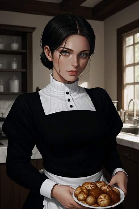 score_9, score_8_up, score_7_up, BREAK source_anime, <lora:Lara Tybur-PonyXL-lora-Faxtron:1> lara tybur, grey eyes, black hair, single hair bun, medium breasts, black dress, long sleeves, apron,