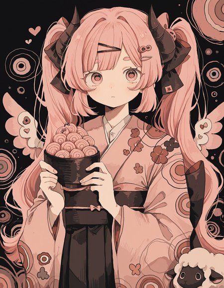 masterpiece,  best quality, newest, highres, absurdres, <lora:wasabi_natsume_style_r1:1>,wasabi_natsume_illu,abstract,surreal,1girl, twintails, pink hair, horns, solo, sheep, food, kimono, holding, bow, hair ornament, long hair, heart, hair bow, japanese clothes, bangs, hairclip, looking at viewer, pink eyes, wings