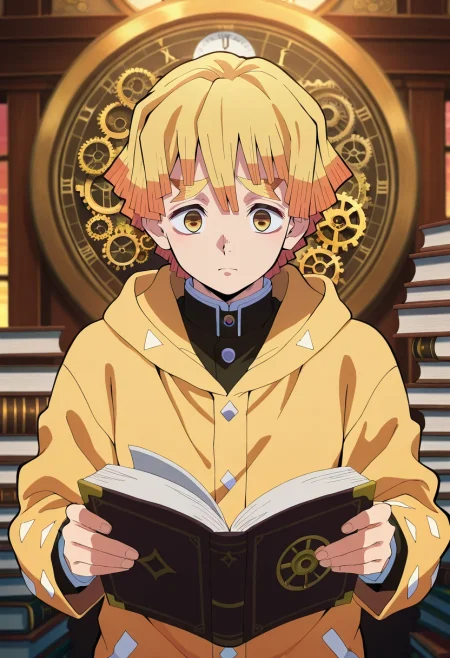 masterpiece, best quality, , anime screencap, , official style, , , 1boy, solo, male focus, <lora:zenitsu_agatsuma_ilxl:0.94>, zenitsu_agatsuma, blonde hair, yellow eyes, short hair, bangs, time library, floating books, clock gears, temporal mist, reading pose, studious expression, golden hour,