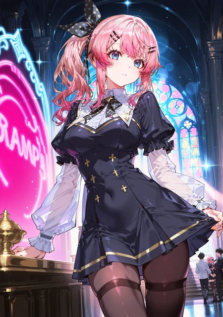 zPDXL3 Real score_9, score_8_up, score_7_up, score_6_up source_anime, highly detailed, sharp, intricate details, rating_safe rating_sensitive, rating_explicit, masterpiece, best quality, good quality, bright eyes light particles lens flare amazing quality, very aesthetic, very awa, absurdres, newest,
<lora:yoneyamaiXLNBVP1lokrV6311PZ:0.5>, <lora:eboraCIVITAI:0.5>
<lora:nhl-001:0.4> nhl-001 film grain multicolored background  <lora:ponyv4_noob1_2_adamW:0.4>
medium breasts, dynamic pose, dynamic angle,
optical illusion, ssambatea, quasarcake, Fishine, arutera, soresaki, reoen, sanbonzakura, askzy, negative space, see-through, made of, neon light, detailed background,
niji-meruto,large breasts,blue eyes,pink hair,gradient hair,side ponytail,single side ponytail,hairclip,hair ribbon,black ribbon,polka dots ribbon,
nun thighhighs indoors, indoors, palace, night, architecture, flag, arch, pillar, tights
 <lora:niji-meruto:0.7>