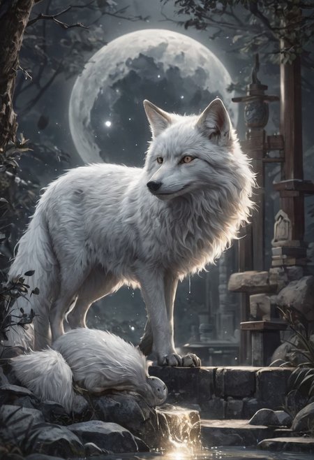 White fantasy fox glowing with mysterious light under the midnight moonlight, Japanese shrine, Japanese mythology, novel comic graphic style, 2D, 8K, hyperrealism, masterpiece,
