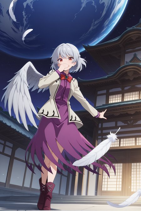 absurdres, highres, masterpiece, best quality, amazing quality, official anime artwork, screencap, anime screencap,  dynamic pose, earth, starry sky, star, feather, light particles,
 <lora:Sagume-Kishin_Illustrious:1> kishin sagume, 1girl, solo, red eyes, grey hair, short hair, french braid, single wing,, red bowtie, white jacket, long sleeves, purple dress, 
covering lips, looking at viewer, eastern architecture,