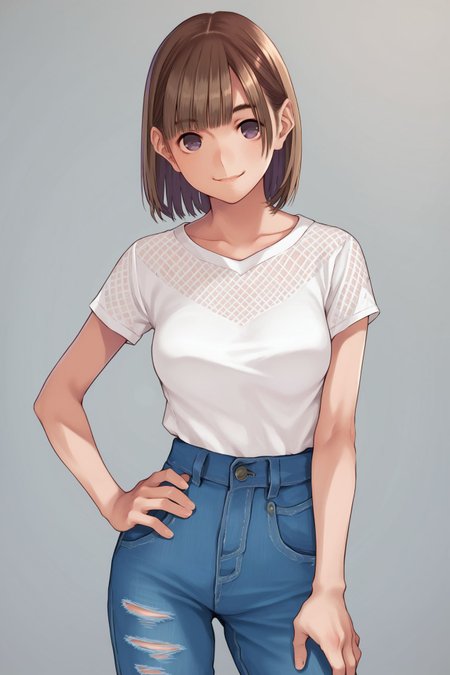 score_9, score_8_up, score_7_up, 1girl, kind smile, light_brown hair, full_bangs, dark_purple eyes, medium breasts, hand_on_hip,  sidelighting <lora:mino_tarou_loveplus_PonyXL_style_v01:1>