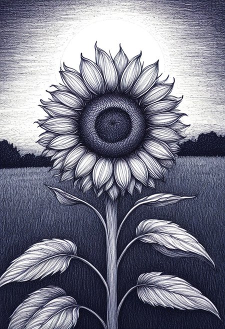 novuschroma42 style ballpoint pen drawing, ballpoint pen drawing, a sunflower on a field in the middle of summer with a sunset behind it