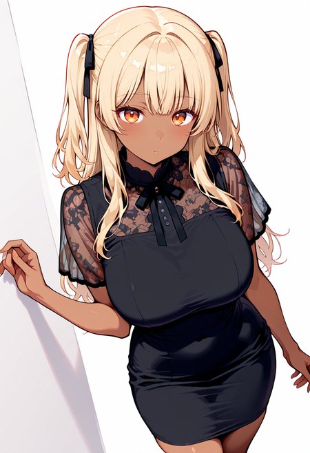 masterpiece, best quality, amazing quality, simple background,((outlined outlined vector graphics)),  simple background,  white background,
 ,  looking at viewer ,cowboy shot, from above ,  looking at viewer 
1girl, 20yo, (large breast:1.2), orange eyes, (blonde hair:1.3),long hair, (two side up:1.1), (dark skin:1.6), dark skin girl, (tall:1.2), (abs:0.7),bangs , cute face, peaceful,
pure-kyaba-dress, short sleeve dress ,black  dress, see-through sleeves, see-through dress <lora:pure-kyaba-dress-il-01:1.0>