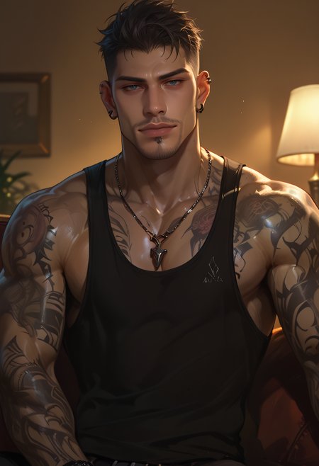 score_9, score_8_up, score_7_up, score_6_up, muses_in_dark, 1boy, male focus, tattoo, jewelry, ring, tank top, pectorals, solo, arm tattoo, black tank top, necklace, piercing, muscular, muscular male, bara, black hair, dark theme, low light, inconsistent lighting, realistic, best quality, high resolution, realistic.