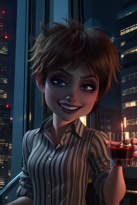 Evelyn,short brown hair, makeup, eyes half open, upper body, looking at viewer,  vertical-striped shirt and pants, grin, 
holding cup,  tipsy, 
 in tall building, skyscraper, window, stars, nighttime,
 (insanely detailed, beautiful detailed face, masterpiece, best quality) cinematic lighting, 
 <lora:Evelyn-10v4:0.8>