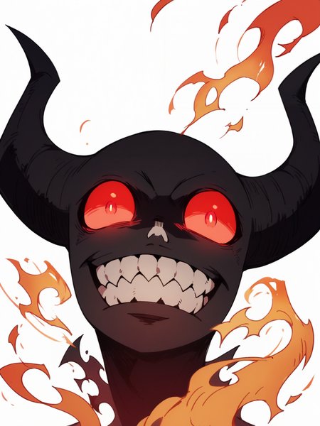 score_9, score_8_up, score_7_up, score_6_up, score_5_up, <lora:fforceXLP:1> fforce, grin, smile, no humans, solo, fire, white background, teeth, simple background, horns, looking at viewer, evil smile, red eyes
