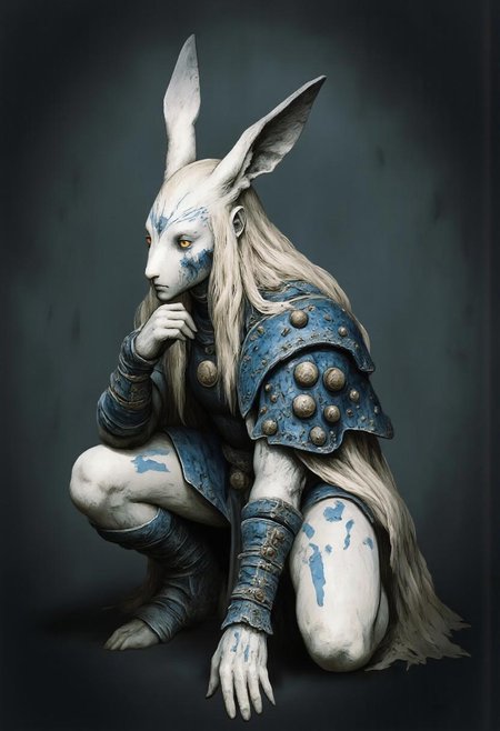 MikeFranchinastyle, Surreal art, d4artstyle, d4concept, , made of clay, aidmaMJ6.1, ZBClay model of a gray sculpture, Kentaro Miura, berserk style, ral-mold
a crouching anthropomorphic rabbit character with a blend of fantasy and warrior themes. This character has tall, expressive white rabbit ears and long, flowing platinum blonde hair that frames their intense golden eyes. They wear a dark, intricately detailed outfit with armor-like patterns, blending dark leather with silvery embellishments. Blue markings on their skin accentuate the character's fierce and mystical aura, while patches of darker fur on the cheeks give them a unique appearance.
The attire includes a fitted jacket with silver filigree on the sleeves and shoulders, paired with thigh-high white stockings and sturdy, clawed boots. The character's posture is contemplative, with one hand supporting their chin, enhancing their mysterious and introspective demeanor. The overall color palette features soft whites, deep grays, and metallic highlights, suggesting a character who is both graceful and powerful.
Background solid color with a faded dimly lit, black-covered darkness tone that emphasizes its silhouette. The medium is not a traditional painting or illustrative medium like watercolor or ink but rather a digital rendering, eerie and unsettling.