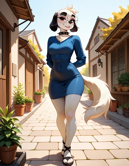 masterpiece, best quality, very aesthetic, absurdres,
outdoors,
standing, posing, 
full body, seductive smile, parted lips, long eyelashes,
 <lora:Molly_v01_NAIXL:1>
Molly,1girl,solo,furry,furry female,dog girl,dof ears,short hair,black eyes,thick eyebrows,round eyewear,snout,animal nose,spiked collar,body fur,white fur,dog tail,