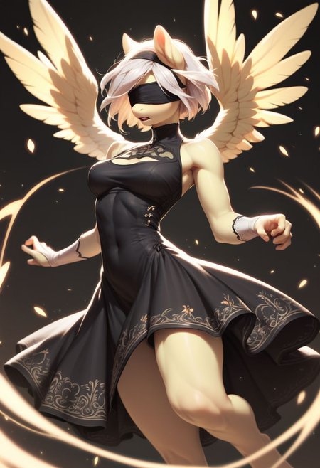 score_9, score_8_up, score_7_up, score_5_up, FLuttershy, pony, antro, 2BNAXL, blindfold, white hair, short hair, black dress, extremely detailed face, high quality, dynamic pose,