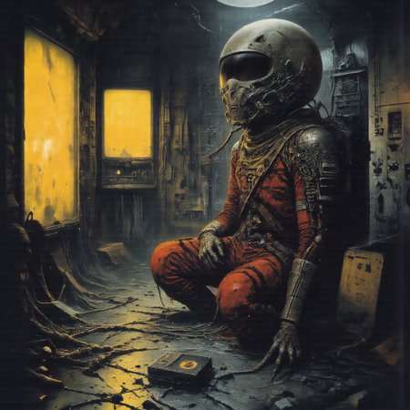This is a digital drawing in a dark, gritty sci-fi style, depicting a lone astronaut in a futuristic, high-tech space station. The astronaut, wearing a bulky, red and black spacesuit with intricate detailing, is seated on the floor. The suit has various panels, straps, and hoses, suggesting a heavily armored and functional design. The helmet is partially obscured by cables and wires, which are draped across the figure, adding to the sense of chaos and disarray.
The background is filled with a chaotic array of high-tech equipment, including numerous screens, panels, and control consoles. Two large, glowing yellow screens are prominently displayed on the left side of the image, emitting a bright, almost blinding light. The rest of the background is a jumble of dark, metallic textures and various electronic components, with cables and wires crisscrossing the scene.
The floor is covered in a pattern of geometric shapes, adding to the industrial and futuristic feel. In the foreground, there is a black, rectangular object with a yellow symbol on it, which appears to be a control device or a piece of equipment. The overall mood is one of isolation and technological overload, with a heavy emphasis on the astronaut's isolation and the chaotic environment around him.reflections,best quality,masterpiece,detailed,rich colors,color contrast,award-winning,disturbing,hard science fiction, melancholy,((close-up))
H.R.Giger
Zdzisław Beksiński,
Marc Simonetti
Robert Howard 
John Grimshaw