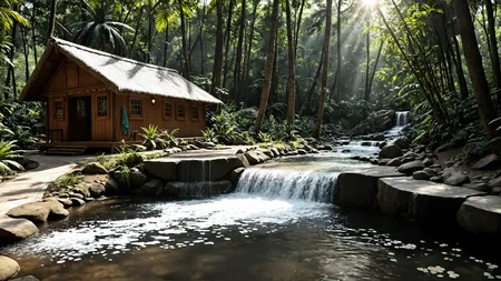 photo, photography, Fujifilm XT3 Viltrox, ((very detailed)), sharp focus, sharp background,  best quality, beautiful landscape, rainforest, jungle, sacred earth, stream, water ripples reflections, (small river pond), rainforest, hut, tribal amazon village, stunning nature environment, (bright sunny sky), high contrast, cinematic (lights), backlight, shadows, lens flare, vibrant colors, colorful, Pastel Blue flowers and leaves,  <lora:add-detail-xl:1>  <lora:Better Blur Control:1>