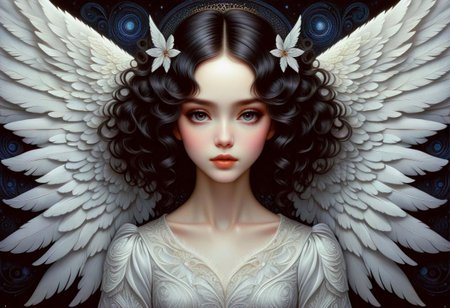 hyper detailed beautiful angel, coherent delicate face, wavy luxurious hair, intricate feathery wings, on black velvet canvas, centered composition, rule of thirds, drop shadowed, art by gorjuss, tim burton, margaret keane, charlie bowater, tom wood, keith garvey