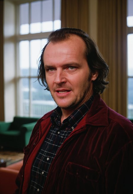 Shin1ng, Jack Torrance, man, closeup, lounge, Overlook Hotel, indoors, (windows, bright natural light, film grain)