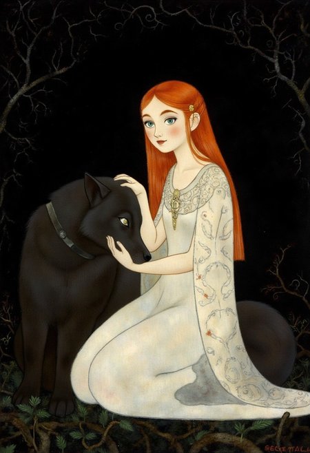 SecretKells Victorian era oil painting by Henrietta Rae, full  body portrait of a beautiful young woman with red hair kneeling in the forest, her intricate sheer Celtic-patterned cloak flowing softly around her, set against a dark forest backdrop. her black wolf sitting next to her, her hand on the dogs head, while delicate swirling lines frame her face. Animated, stylized, detailed portrait, mystical atmosphere.