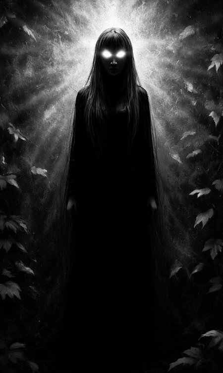 artwork depicting a mysterious, ethereal female figure set against a dark, shadowy background. The subject is a silhouette with an otherworldly glow emanating from her eyes, which are illuminated with a bright, almost blinding light. Her long, flowing hair cascades down her shoulders, adding to the sense of mystique. The figure appears to be standing or perhaps floating, as there are no discernible feet or legs. The background is a textured, almost abstract pattern of dark foliage or leaves, adding to the eerie atmosphere. The image is rendered in a high-contrast black and white, with the light from her eyes creating a stark contrast against the dark background. The overall style is reminiscent of gothic or fantasy art, with a focus on creating a haunting, almost supernatural ambiance. The texture of her hair and the glow from her eyes suggest a digital medium, possibly created using advanced digital painting techniques. The artwork evokes a sense of mystery and otherworldliness, drawing the viewer into a realm beyond the ordinary., aidmaimageupgrader, aidmaMJ6.1