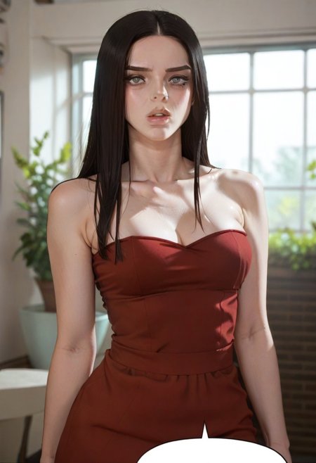 score_9, score_8_up, score_7_up, BaekSuzy, grey eyes, black hair, long hair, looking at viewer, dress, bare shoulders, collarbone, parted lips, solo focus, indoors, lips, strapless, red dress, strapless dress