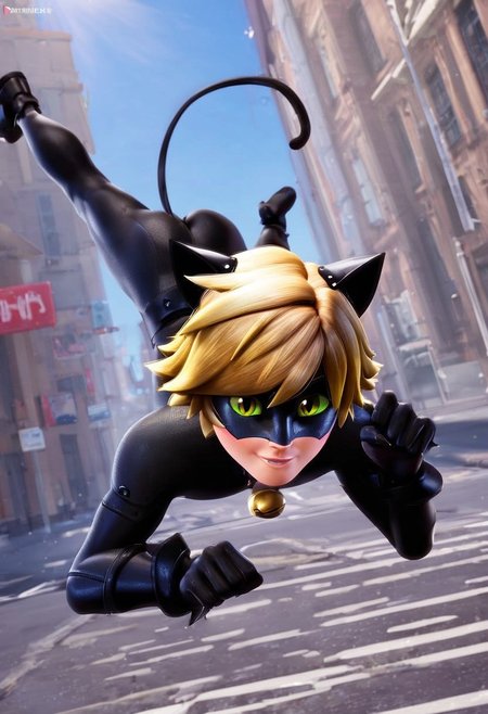 (score_9, score_8_up, score_7_up), looking at viewer, colored sclera, animal ears, tail, 1boy, catnnoir15_,  black bodysuit, mask, blonde hair, solo, outdoors, male, cat ears, smile, dynamic pose, dynamic angle, upside down, super wide angle shot,<lora:DynamicPose_alpha1.0_rank4_noxattn_100steps:1.6>