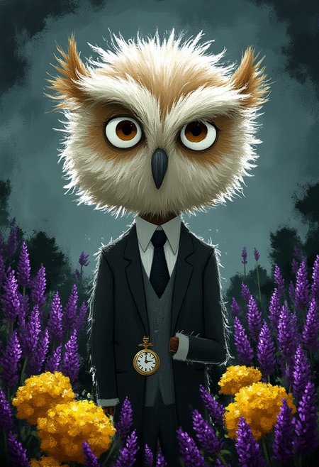 A whimsical illustration of a lanky man with an owl's head in dark whimsical art style, his stretched human body in a tattered suit topped with a feathered owl head with a curved beak, standing among purple lavender and yellow marigolds, holding an antique pocket watch, digital painting with detailed brushstrokes showing the textural contrast between feathers and fabric, moonlit garden background, characteristic Tim Burton inspired design with the owl's enormous, dinner-plate sized eyes glowing with ancient wisdom.