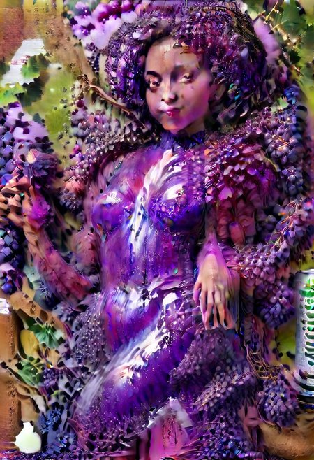 A 70s advertisement for Welch's, featuring a sexy model wearing a purple velvet dress with a giant purple afro made of bunches of grapes, drinking a Welch's grape soda from a can.
pureerosface_v1, purpleslime, juicy fruit, grape, made out of, made from fruits