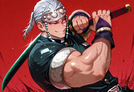 masterpiece, best quality, newest, absurdres, highres, male, bara, male focus, 1boy, muscular, v-taper, long torso, narrow waist, solo, Uzui, demon slayer uniform, earrings, headband, white hair, red eyes, eye tattoo, armbands, manga cover, smirk, holding sword, combat pose, sweaty, hairy