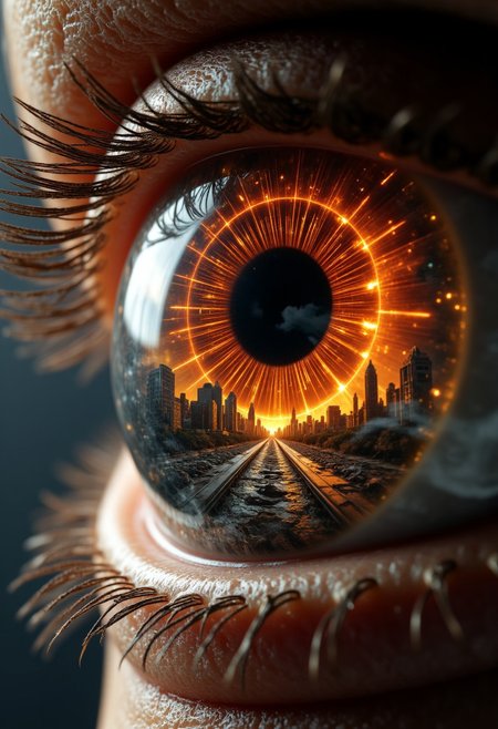 "A fiery amber eye, with the iris reflecting an apocalyptic wasteland. Crumbling skyscrapers and cracked highways stretch into the distance, with ominous storm clouds swirling overhead. Faint sparks of embers drift across the sclera, creating an eerie, dystopian tone. The eye’s glossy texture contrasts with the gritty destruction inside."
   , aidmamjv7, aidmaHyperrealism, aidmaimageupgrader
