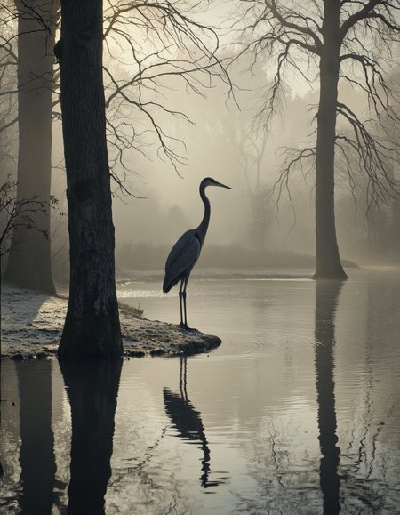 . A bird standing on the edge of a misty river with its reflection in the water, surrounded by bare trees and a serene atmosphere. a large bird, likely a heron, is standing in the middle of the image, facing the viewer with its long neck stretched out. the bird is silhouetted against the misty backdrop, with the trees partially submerged in the still water, creating a sense of depth and perspective. the trees in the background are bare, with no leaves, and the water is calm and still, reflecting the trees and the sky above. the image has a soft, ethereal quality to it, with a focus on the bird's silhouette and the texture of the water's surface, making it a beautiful and serene scene.