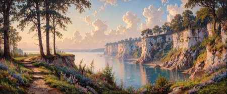 masterful impressionistic oil painting on canvas, capturing the serene beauty of the chalk cliffs of rgen at dawn, a breathtaking coastal landscape bathed in the soft glow of early morning light, the towering white limestone cliffs rise dramatically above the tranquil baltic sea, their rugged surfaces tinged with warm golden hues as the first light of day gently illuminates their edges, below, the calm waters reflect a delicate gradient of pastel pink, peach, and pale blue, mirroring the sky above, a thin veil of morning mist lingers over the horizon, softening the distant view and adding a dreamlike quality to the scene, in the foreground, a steep, narrow path winds along the cliffside, partially hidden by lush green foliage, where wind-swept trees cling to the rocky edges, their leaves catching the cool blue-green hues of morning, scattered wildflowers in soft lavender and pale yellow add subtle bursts of color, lending a touch of warmth to the earthy tones of the terrain, gentle waves lap against the shore far below, their rhythmic movement subtly indicated by delicate, expressive brushstrokes, further in the distance, the cliffs recede into the mist, their imposing forms gradually dissolving into the soft atmospheric haze, the sky above is a luminous expanse of pastel shades, where wispy, high-altitude clouds drift lazily, their edges illuminated by the golden light of dawn, the interplay of warm and cool tones creates a balanced harmony, evoking a sense of peaceful solitude and quiet grandeur, the composition is panoramic, painted with loose, expressive brushstrokes, soft blended colors seamlessly merge to capture the fleeting light and delicate textures of the natural world, the edges of the cliffs are slightly softened, enhancing the ethereal atmosphere, dappled sunlight filters through the sparse tree canopy, casting gentle highlights onto the rocky surfaces, the painting is rich in luminous colors, blending the pale radiance of the cliffs with the delicate morning pastels of the sky and sea, impressionistic style, oil on canvas, ovg, arsmjstyle, impressionism, <lora:style-impressionism-flux-by_arsmachina:0.8> <lora:faetastic_details-flux-by_faeia:0.76> <lora:style-amazing_scenery-v3-flux-by_marielle:0.6>