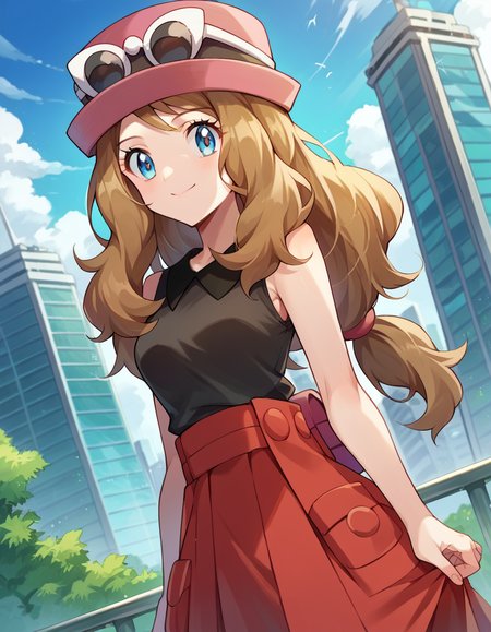 score_9, score_8_up, score_7_up, source_anime,
pokemonserena, <lora:pokemon-serena-ponyxl-lora-nochekaiser:1>
serena, long hair, blue eyes, brown hair, smile,
eyewear on head, hat, skirt, sunglasses, shirt, black shirt, sleeveless, red skirt, pink hat,
outdoors, cityscape,
looking at viewer, cowboy shot, dutch angle,