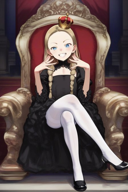 score_9, score_8_up, score_7_up, source_anime, rating_safe BREAK
naughty grin, blonde hair, braided bangs, long hair, gold mini crown, blue eyes, forehead, flat chest, black dress, white pantyhose, black shoes, (ojou-sama pose:0.8), sitting, crossed legs, high heels, royal throne, luxurious living room