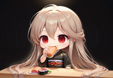 1girl,solo,red eyes,brown hair,very long hair,((chibi)),eating nigirizushi, eat with hand,white outline,empty background,black background,flat background,eating sushi,