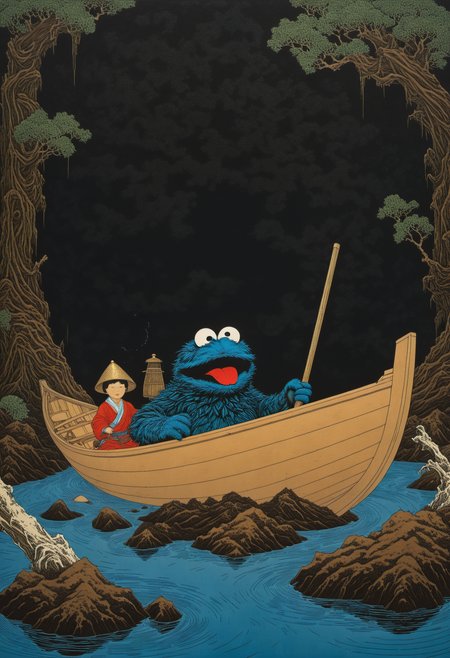 dark digital art, cookie monster jedi in a small boat in the middle of a dark swamp, (in the style of takato yamamoto:1.2), vibrant, cinematic, abstract chaotic static background pattern,
. emotional, harmonious, vignette, 4k epic detailed, shot on kodak, 35mm photo, sharp focus, high budget, cinemascope, moody, epic, gorgeous, film grain, grainy
. predating human civilization. crude and simple, but also surprisingly beautiful artwork, made by genius primeval artist. best quality, high resolution
<lora:Takato_Yamamoto_Style:1.0>
<lora:xl_more_art-full_v1:0.75>