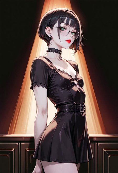 masterpiece, best quality, 32k, high resolution, absurdres, Polly, PollyRH, short hair, bobcut, black hair, bangs, green eyes, small breasts, almost flat chest, slim, pale skin, big round eyeglasses, clear eyeglasses lenses, red lipgloss, eyeliner, goth short dress, edgChoker,  jewelry, earrings, heart, o-ring, clothing cutout, looking at the viewer, indoors, goth attire, dark lighting, dramatic light, side view, parted lips
