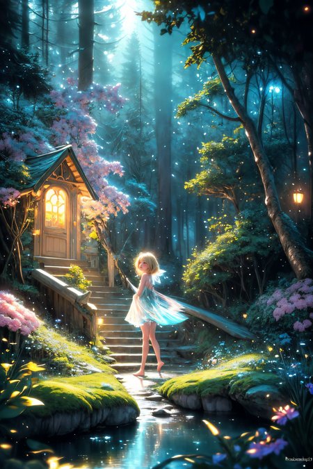 ( detailed realistic background:1),
( official art, beautiful and aesthetic:1 ),
realistic lighting,
cinematic lighting,
hyperrealism,
soothing tones,
muted colors,
high contrast,
soft light,
sharp,
artistic photoshoot,
<lora:FeyAndFairies-11:0.8>FeyFa, , forest, trees, middle, path, waterfall, through, background, stream, flowers, lights, running, in the foreground stands a fairy in front of her fairy house, light,( cute, petite ),
slender,
european,
pale cheeks,
square face shape with angular jaw,
natural "no-makeup" makeup,
big breasts,
,
blonde hair ,
wavy bob hair  ,wearing a see-through gossamer fairy short dress,
night time, darkness,<lora:more_details:0.8> ,