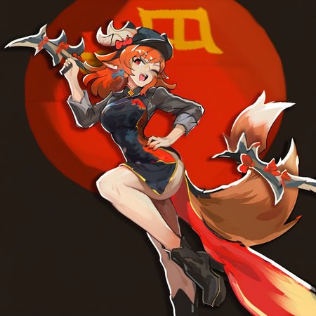 fox ears, demon girl, china dress, medium breasts, large breasts, holding weapon, boots, bow (weapon), black headwear, two-tone dress, black jacket, one eye closed, hand on hip, pauldrons