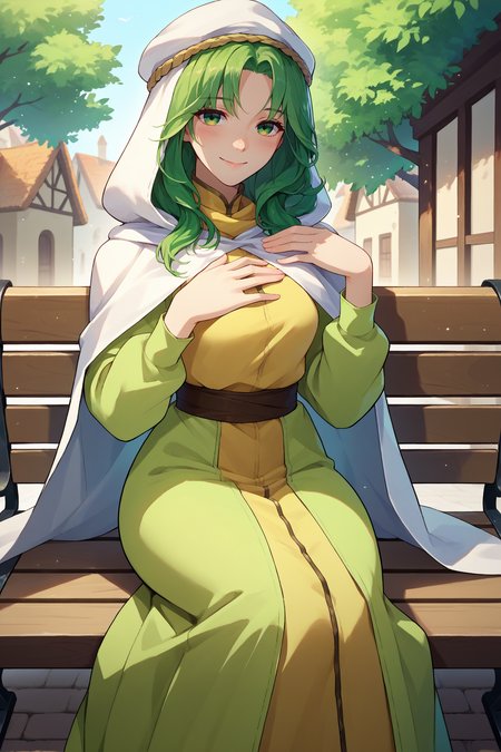 score_9, score_8_up, score_7_up, score_6_up, source_anime, 1girl, solo,<lora:fesafy-pdxl-nvwls-v1-000005:1> safy, green hair, long hair, green eyes, hood, white cloak, green dress, long dress, breasts, sitting, bench, looking at you, hand on own chest, blush, smile, village